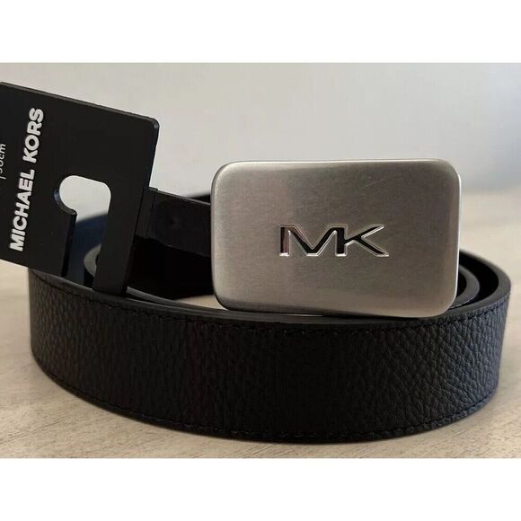 Michael Kors 86S3SBLY7U Men Sz 30 Black MK Silver 31mm Fast MK Plaque Belt - Picture 1 of 5